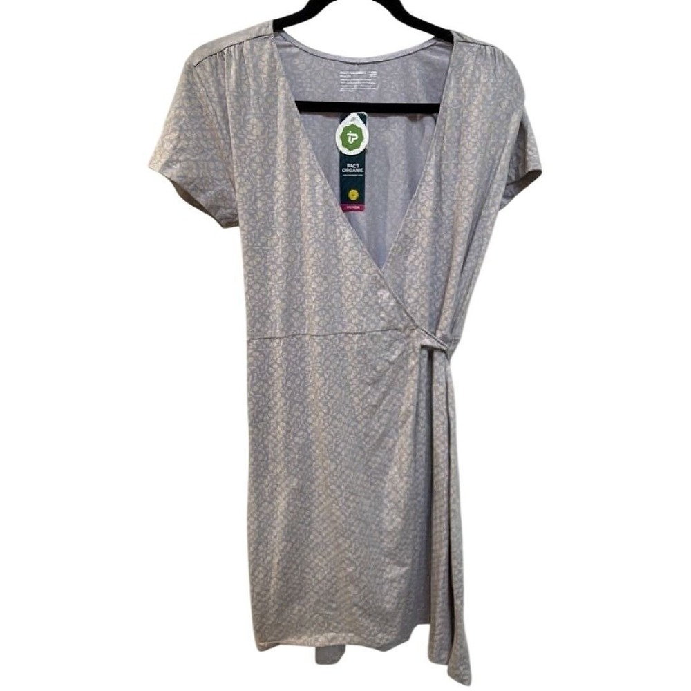 NWT PACT Organic Cotton Wrap Dress Women's Medium Purple Beige Short Sleeve Midi